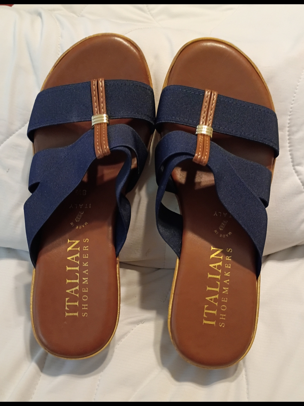 Italian Shoemakers Navy Blue Elastic H-Strap Wedge Sandals Size 8.5